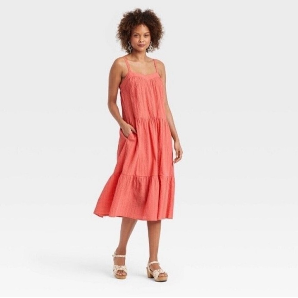 Knox Rose Tiered Midi Dress Womens M Coral Cotton Gauze Lined Pockets Boho Beach